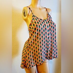 Womens Blouse Top Summer chevron faux button front coral and green S M L